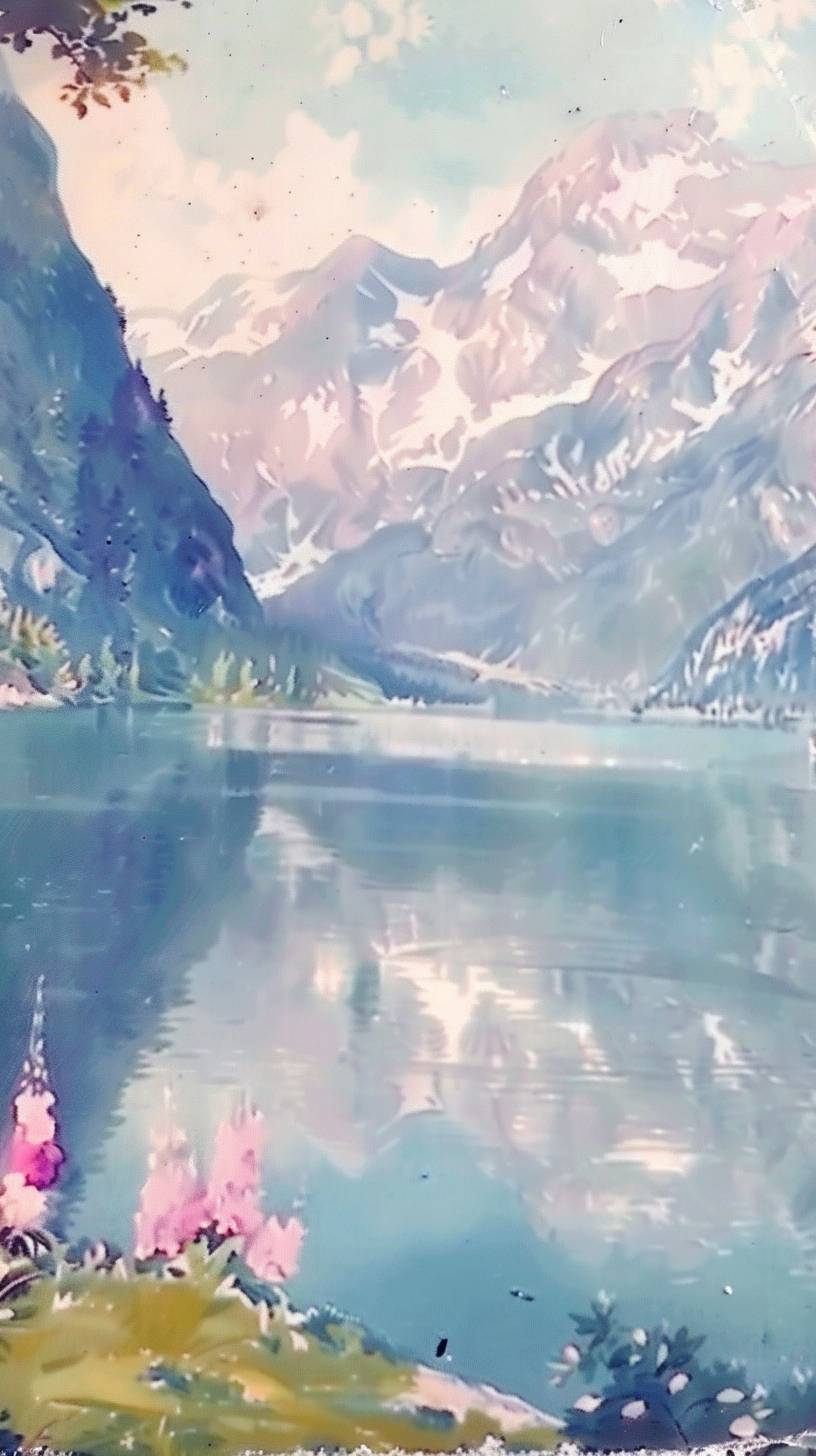 高くそびえ立つ壮大な山々に囲まれた静かな湖。水は穏やかで、周囲の美しさを映し出しています。風景画のスタイルで表現されています。