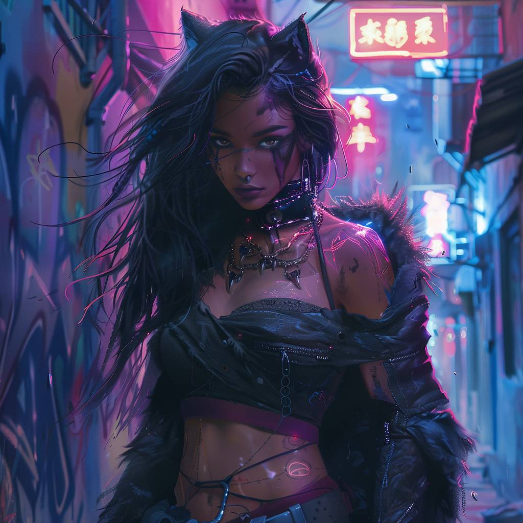 Urban Beast: Design a unique and edgy scene of a woman who is a powerful urban beast. Her body is covered in sleek, dark fur with glowing tribal tattoos that pulse with energy. Her eyes are bright and intense, and her hair is wild yet beautiful. She wears futuristic streetwear that highlights her muscular form. The background features a gritty, cyberpunk alley with graffiti and neon signs, blending the raw power of the beast with the beauty of the woman. Style=Edgy, Cyberpunk