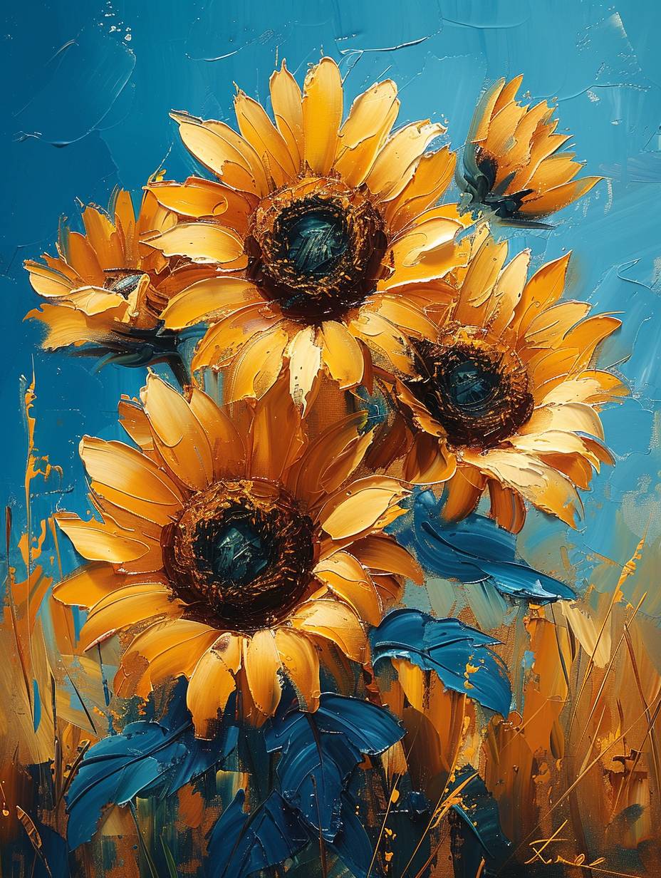 Oil painting, 3 sunflowers in the wind, the sensation of bold brushstrokes, color palette #464034, color palette #E49E26, color palette #D0B782, color palette #D0B782, color palette #D0B782, French romanticism paintings --ar 3:4 --stylize 750 --v 6.0
