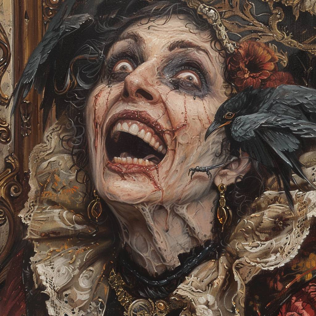 An oil painting of the true evil, in the style of trompe-l’œil illusionistic detail, blink-and-you-miss-it detail, wiccan, lithograph, gothic dark and macabre, romantic goth, gothic dark and ornate --v 6.0
