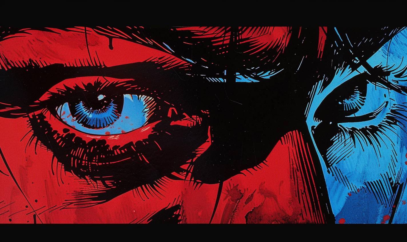 Dark and dramatic close-up manga comic-strip illustration by Frank Miller. Red and blue hues