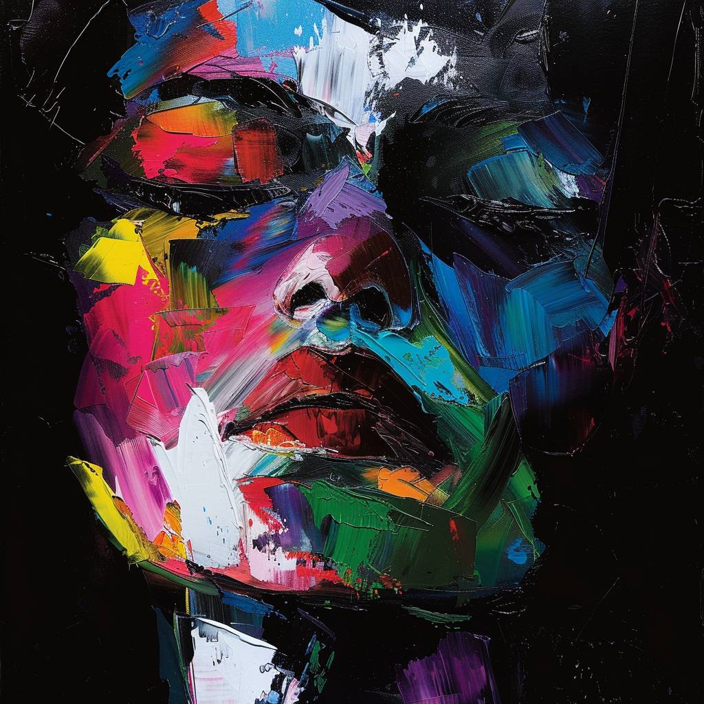 The cover of the book is made in the style of oil painting, featuring an abstract portrait with a black background and a colorful palette. The face has multiple colors, including reds, yellows, greens, blues, white, pink, purple, etc.