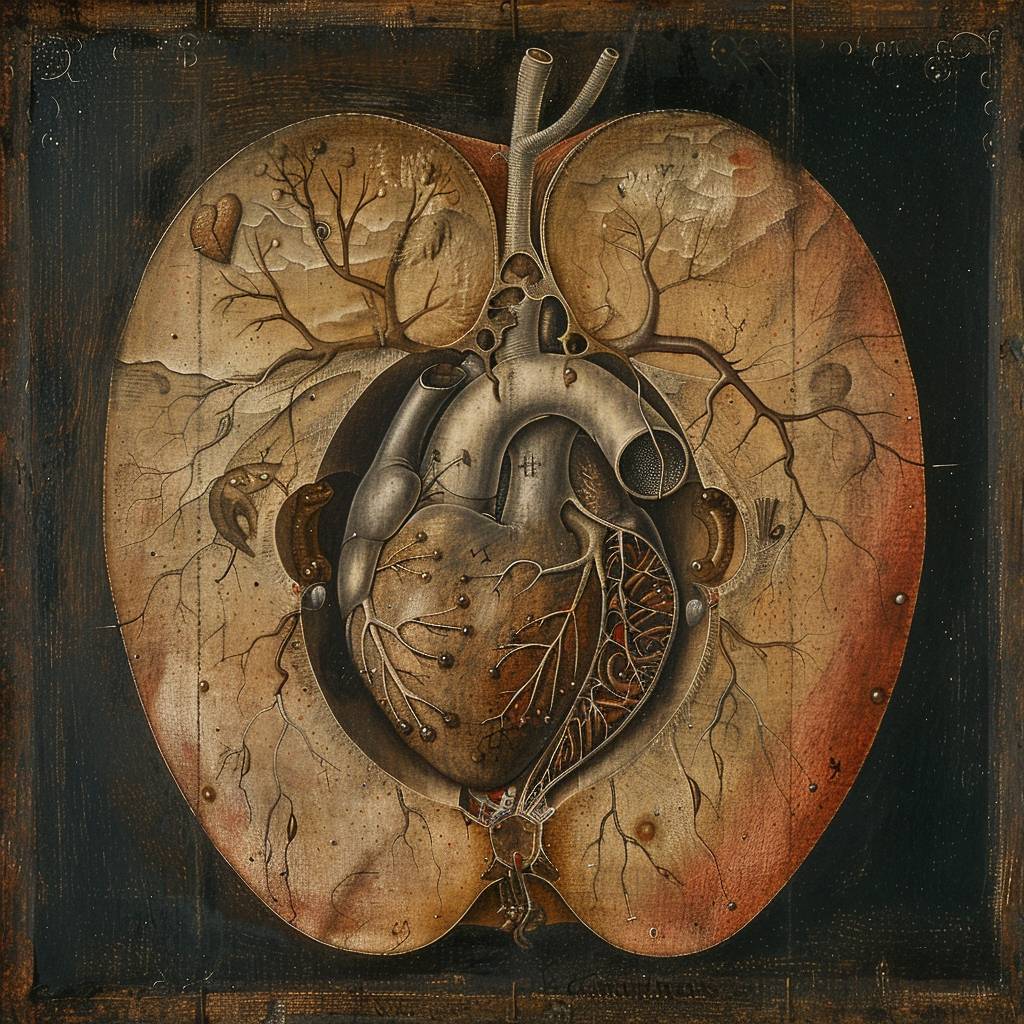 イェロニムス・ボスの絵画は、リンゴの中身と解剖された半人半心臓を描いています