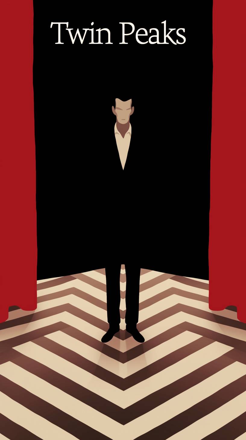 Minimalist movie poster for David Lynch's 'Twin Peaks', featuring a man in a black suit standing on a chevron pattern floor. It includes small text at the top that says 'Twin Peaks' with bold typography and contrasting colors, as well as red curtains on the sides, a simple background, and flat illustration style in the manner of David Lynch. The design conveys the typical mystery and intrigue of the show.