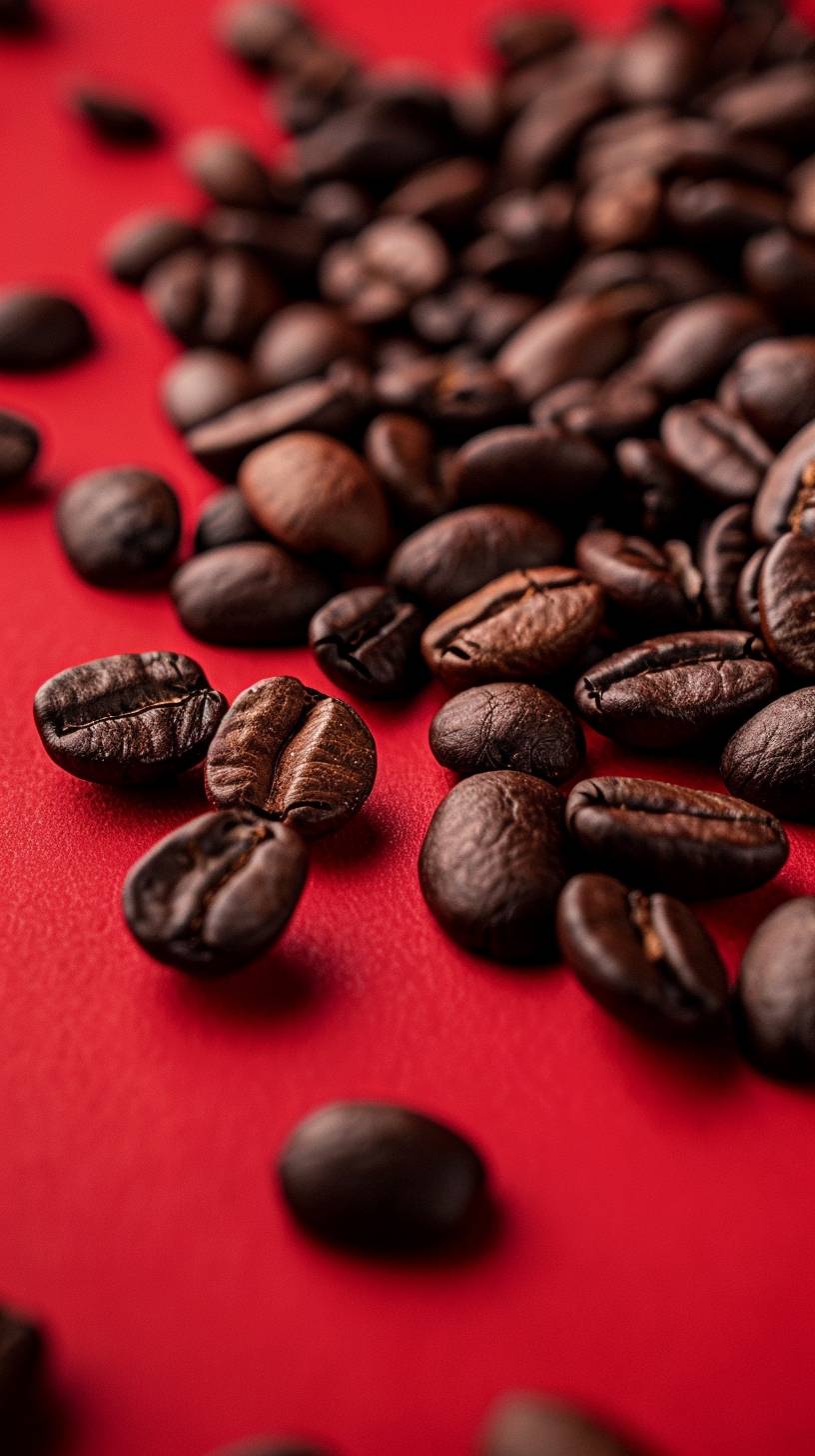 Red background, coffee beans, captured details using a Nikon D850 camera, with soft lighting and natural shadows, in the style of commercial product photography