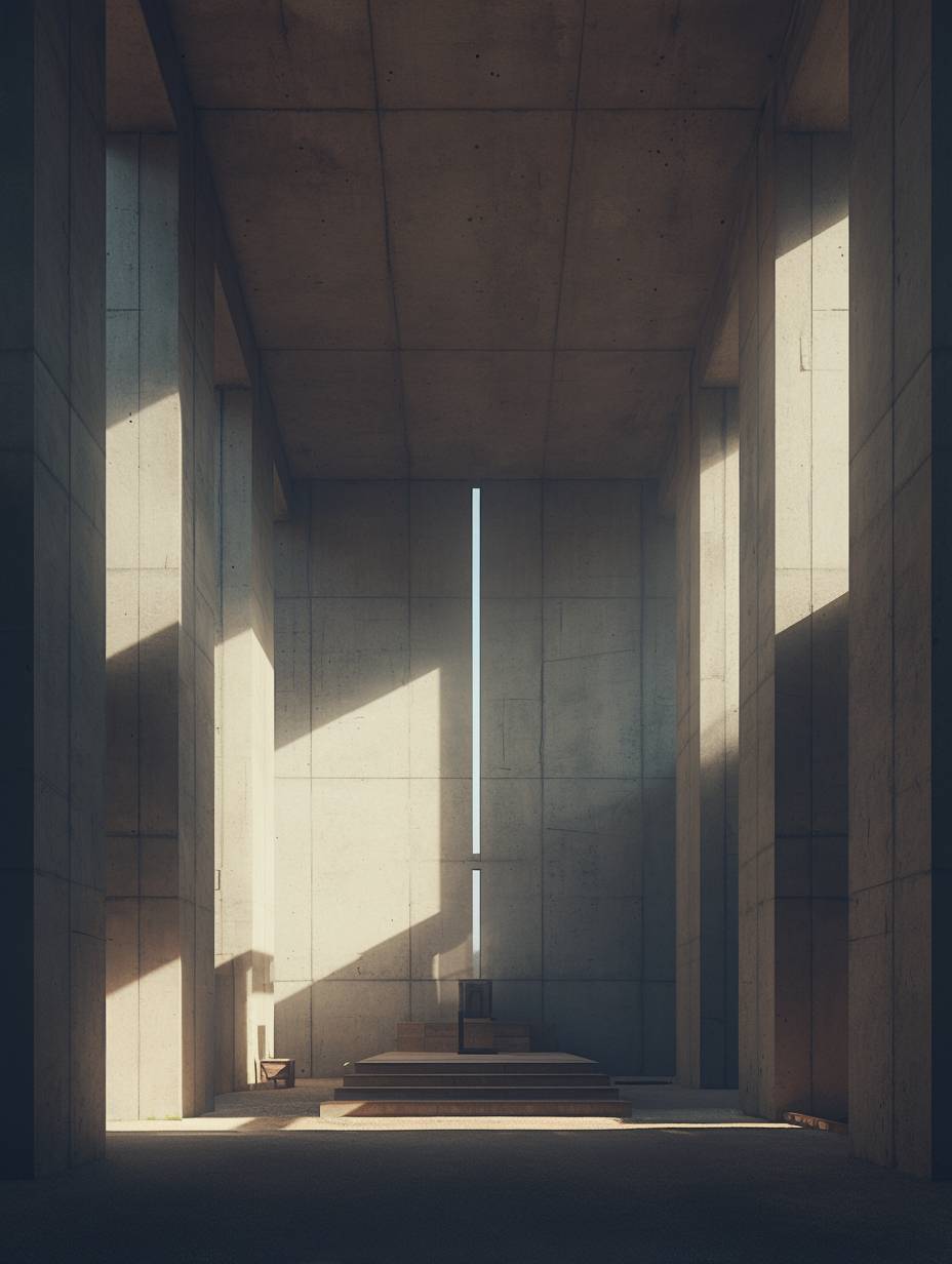 The interior of the temple has tall columns with thin vertical window frames on each column. The flat roof is made from concrete, with sunlight shining through the windows in the style of Peter Zumthor. Archdaily architecture photography.