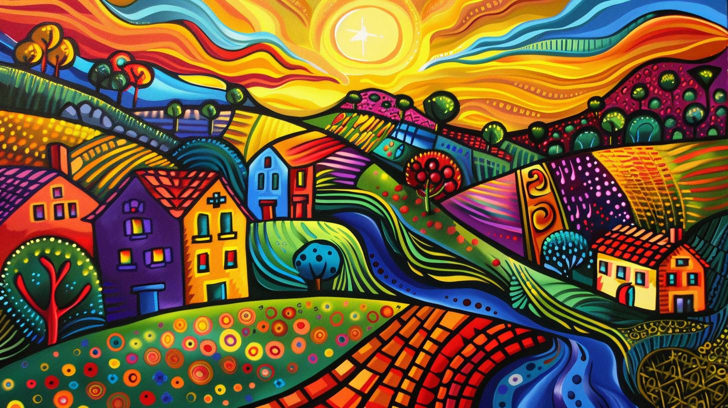 A vibrant sunrise depicted in a folk art style, illuminating a quaint village. The sky is filled with bright, cheerful colors and whimsical patterns, reflecting the simplicity and charm of rural life. The village houses are painted in bold, primary colors with intricate, decorative designs. The sun's rays create a warm, inviting glow over the landscape, highlighting fields, trees, and a winding river. The overall composition exudes a sense of community, warmth, and harmony, capturing the essence of folk art with its playful and expressive style.