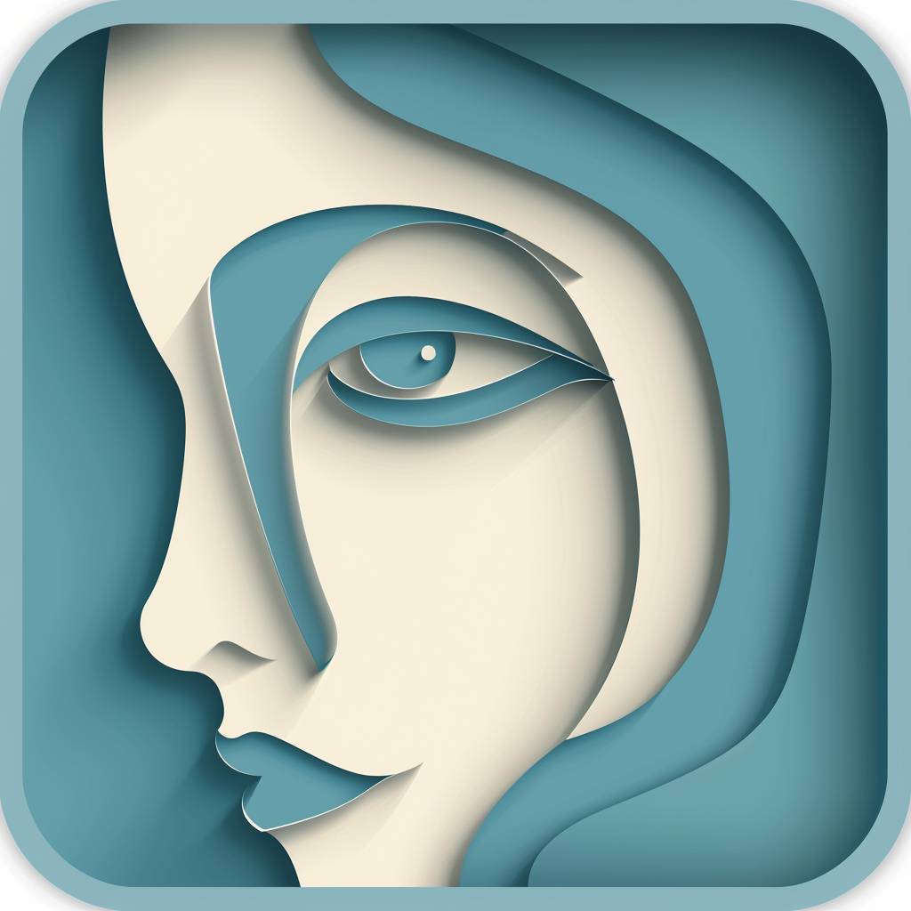 Mobile app icon depicting female face. Minimal vintage paper cutout style --v 6.0