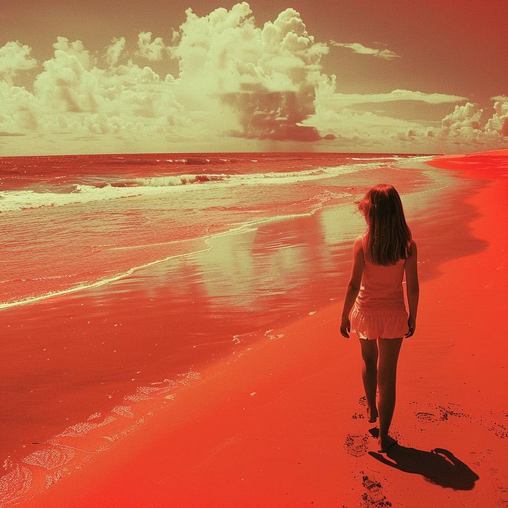 Young girl on red beach. Duotone photograph by Ren Hanby.