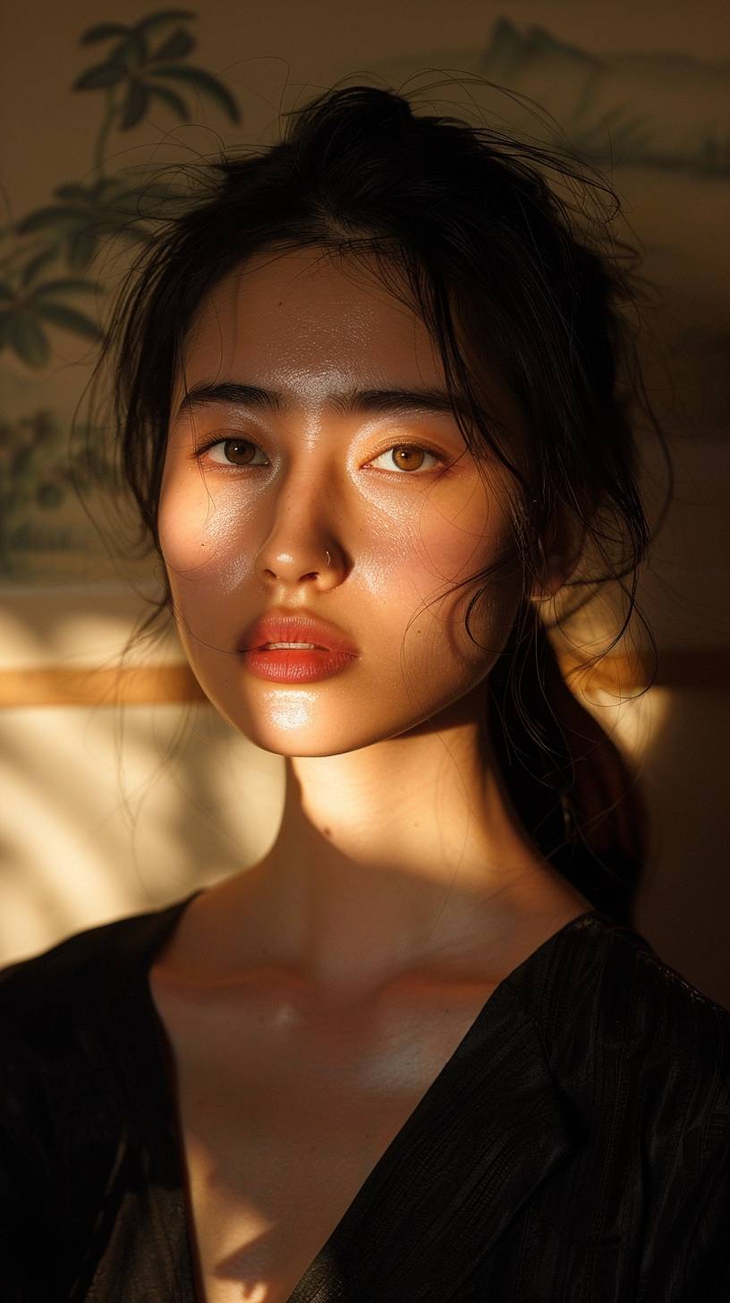 Artistic shadows and contrasts of lighting on the face, a Chinese female model with bright eyes, cute, beautiful, elegant, studio lighting, silhouette, French attire and classical interior decor, professional portrait photography, cinematic ambiance, Morandi color palette, low saturation