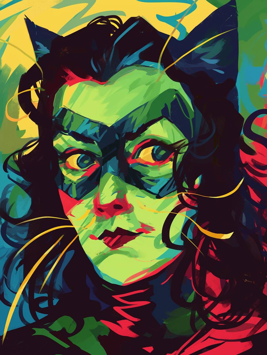 A self-portrait of Catwoman painted in the style of Wassily Kandinsky, with vivid colors, a bright and cheerful mood, in an expressionist style, with strong lines, brush strokes, simple shapes, flat areas of color, abstracted facial features