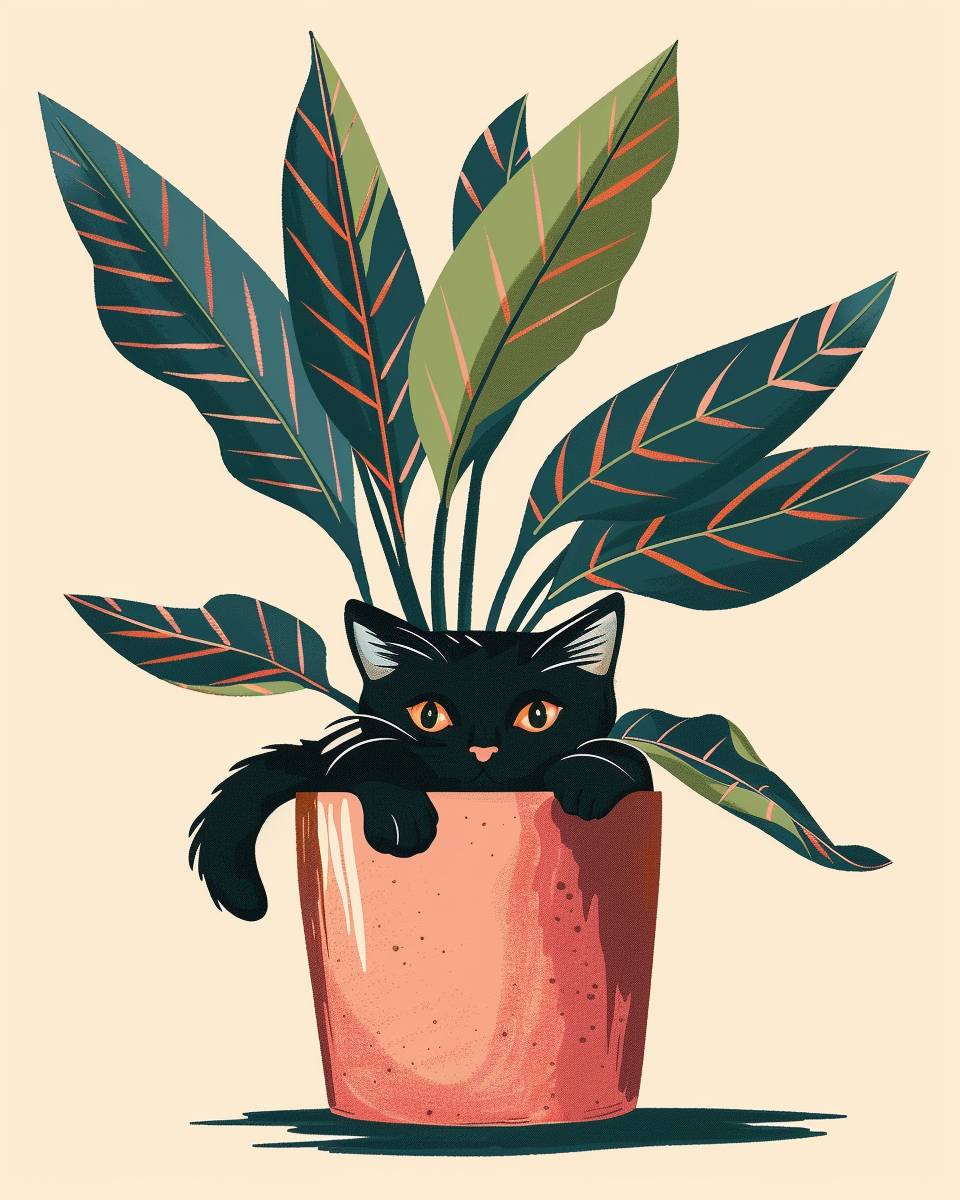 cute illustration, black cat hiding in a pink vintage pot with vibrant colors, lush leaves