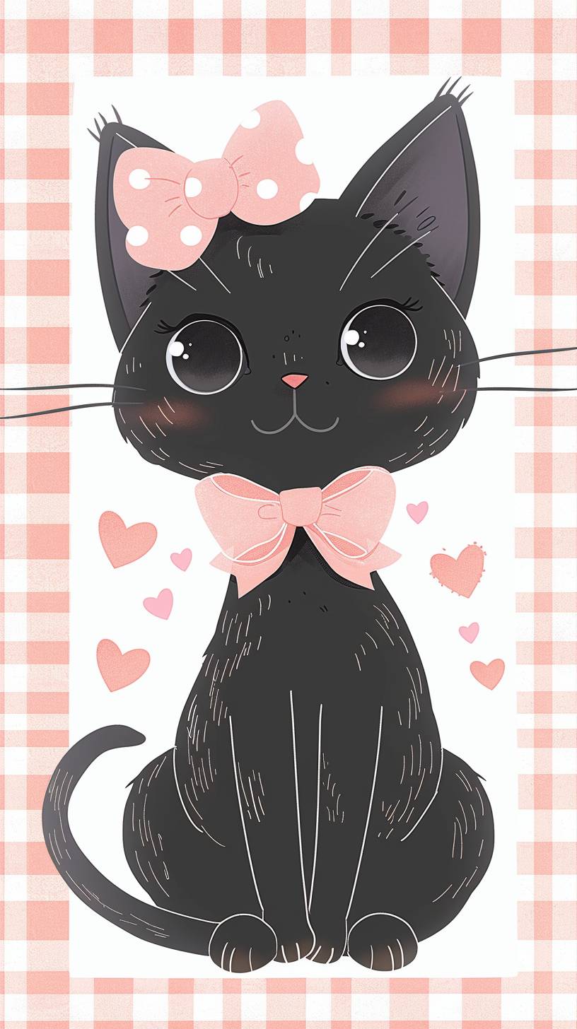 Cute black cat with a pink bow pattern, hearts, and gingham patterns, on a white background, in the style of John Klassen, as a simple vector illustration in a light blue pastel color theme.