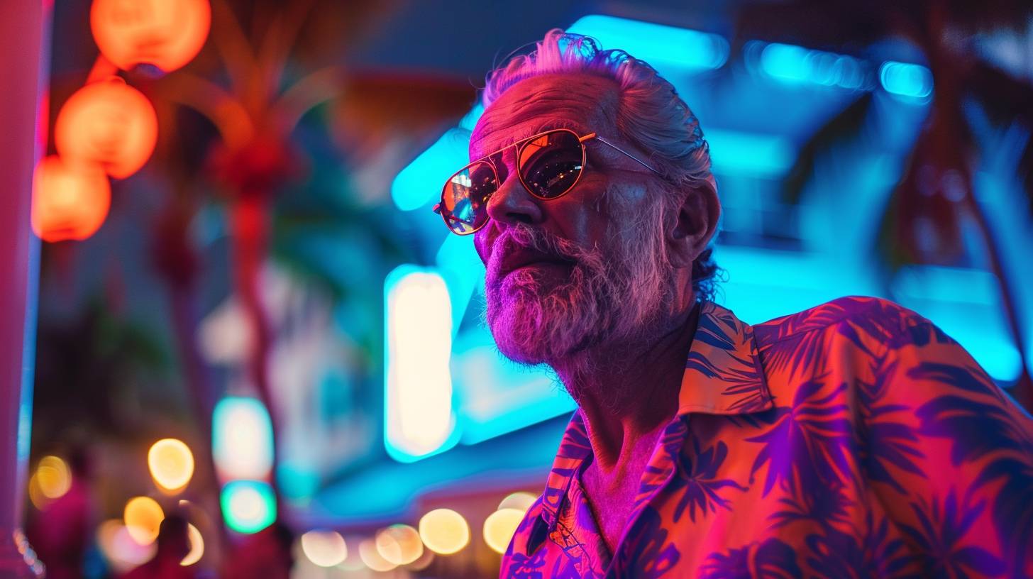 Old man in glamorous Neonwave 90s Miami Style
