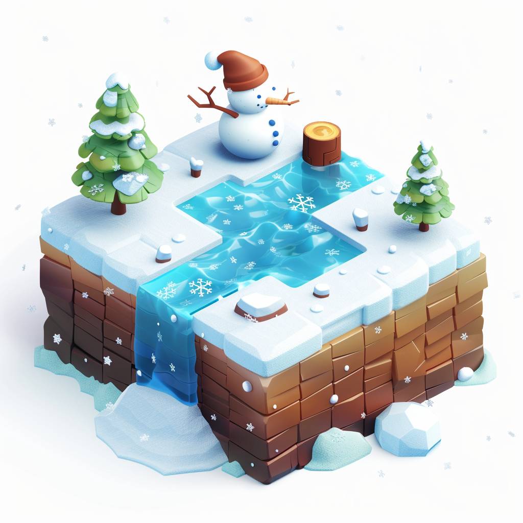 Isometric cube with Minecraft style, white background, 3D rendering, cute winter scene with snowman in the center, blue ice flowing from one side to another, small snow patches on top of it, a pine tree at each corner, small snowflakes around the edge, cartoon style, 2d game art, high resolution, high detail, vibrant colors, colorful, cute