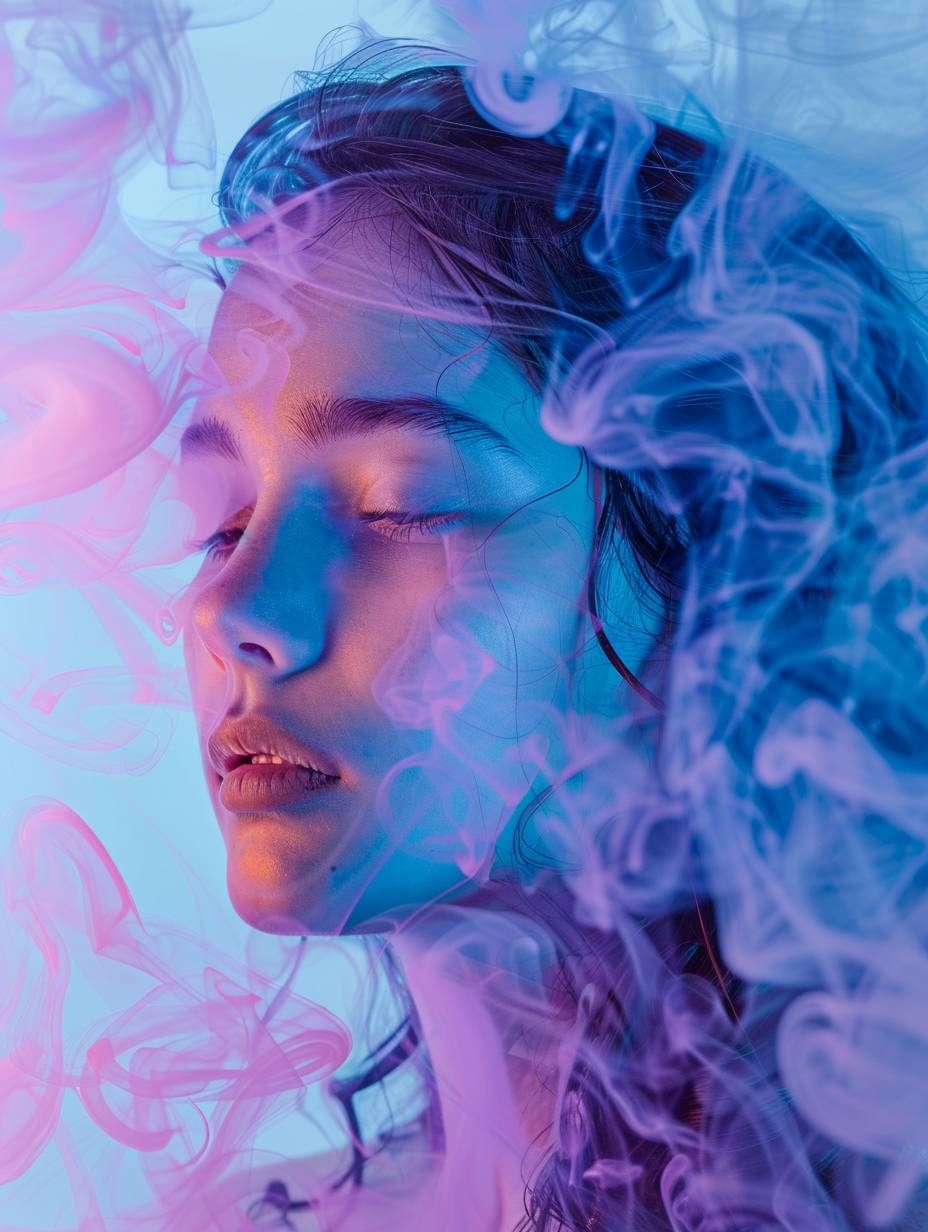 A portrait of a young woman surrounded by fluid and organic shapes, creating a dreamy atmosphere. The background features a soft gradient transition from light blue to purple, emphasizing the focus on the vibrant and intricate artwork.