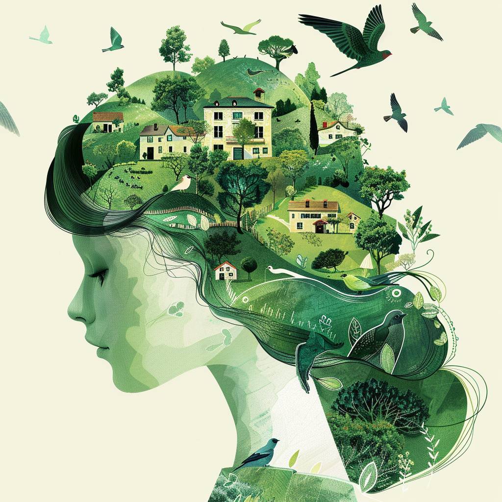 The girl's head is decorated with whimsical illustrations of houses, swallows, trees and hills in green tones, evoking the charm of a charming rural landscape. The background blends in with her hair, exuding an air of tranquility and creating a harmonious composition that captures the beauty of nature. The illustration symbolizes the harmony between humans and the environment, focusing on the face.