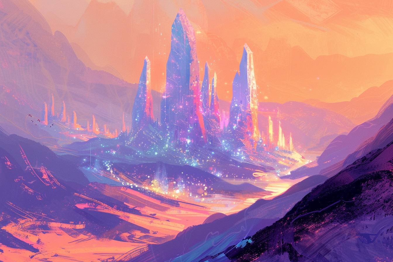 柔らかいピーチからラベンダーへのカラーシフトを特徴とする幻想的で夢のような風景、起伏のある丘とそびえ立つ水晶の尖塔