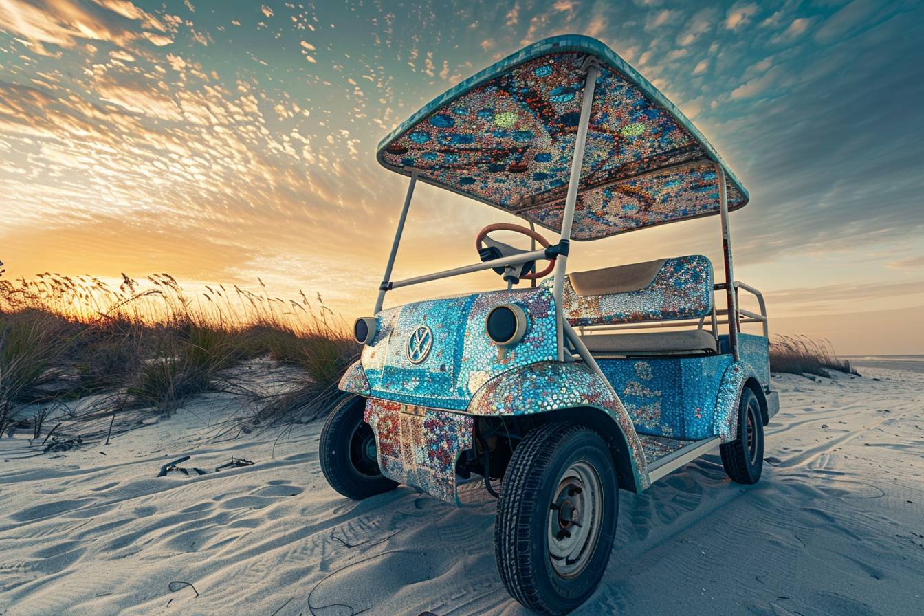A mosaic sea glass sculpted beach buggy, artistic and framed to radiate and illuminate the refractions from the glass in the morning hours, organic sculpted with ultimate comfort and style, beach adventures at sunrise on an alien planet lined with flora and fauna surreal in nature.
