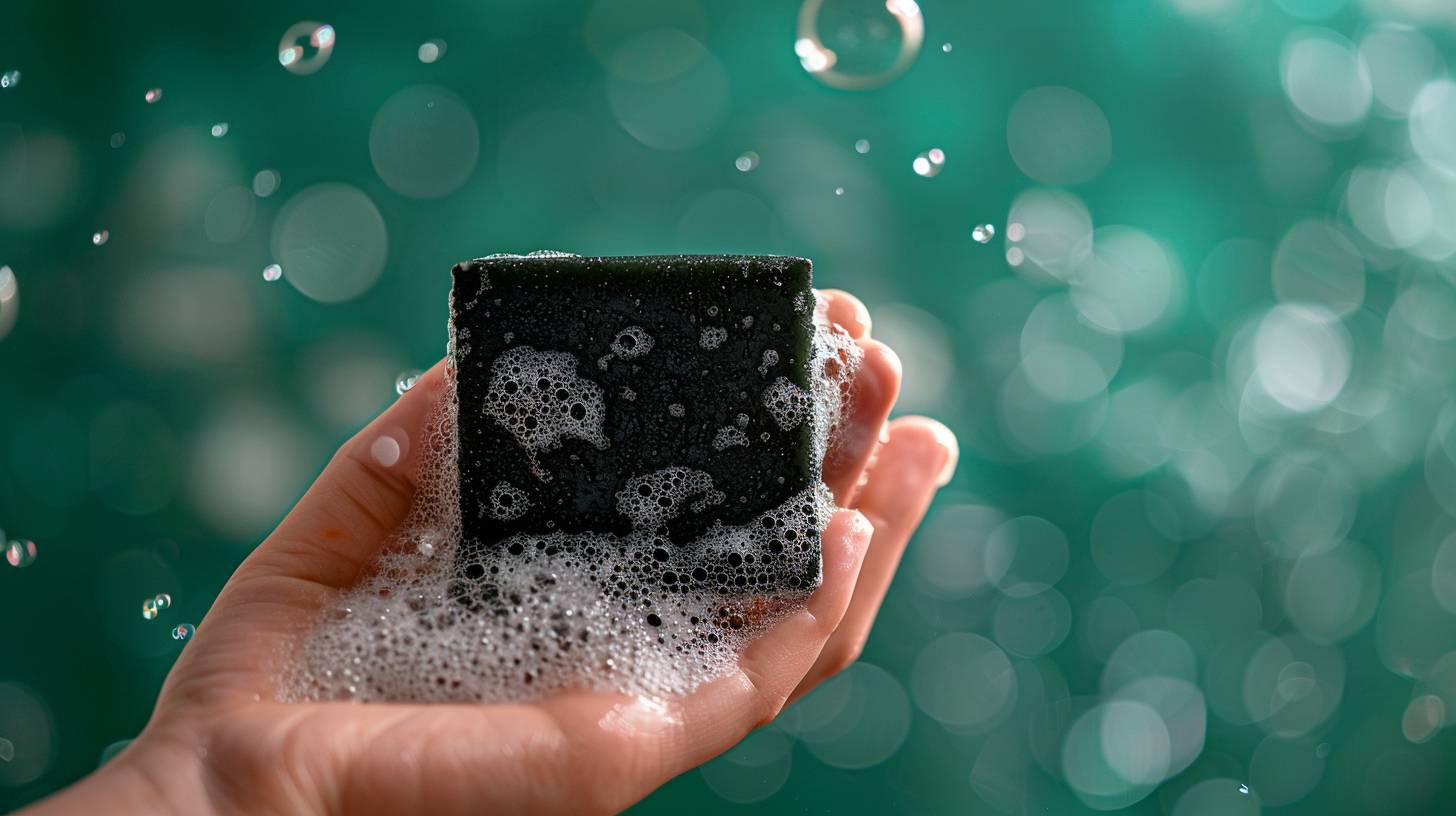 Close-up of a Malaysian hand holding black bar soap against a green background, with copy space in a banner format. This is a stock photo contest winner, commercial photography with studio lighting, high resolution, and high detail.