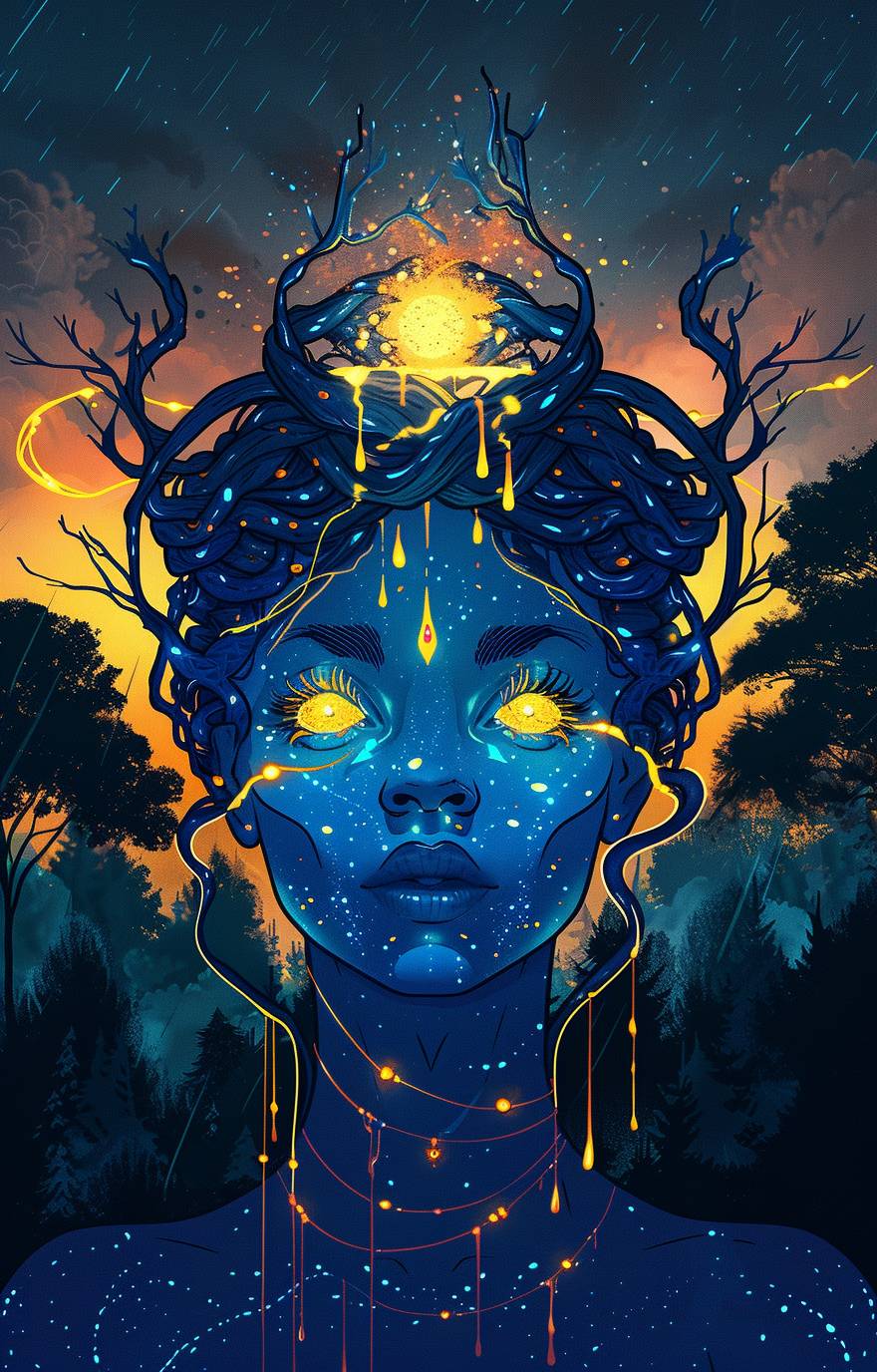 A blue-skinned alien woman with glowing eyes and an elaborate crown of intertwined vines, standing in front of the sun on her head. She has golden raindrops dripping from each hair strand onto one side of her face. In the background is a dark forest at night, with trees silhouetted against stars. The sky glows orange as if it's sunrise or sunset. A mystical atmosphere surrounds her in the style of fantasy anime