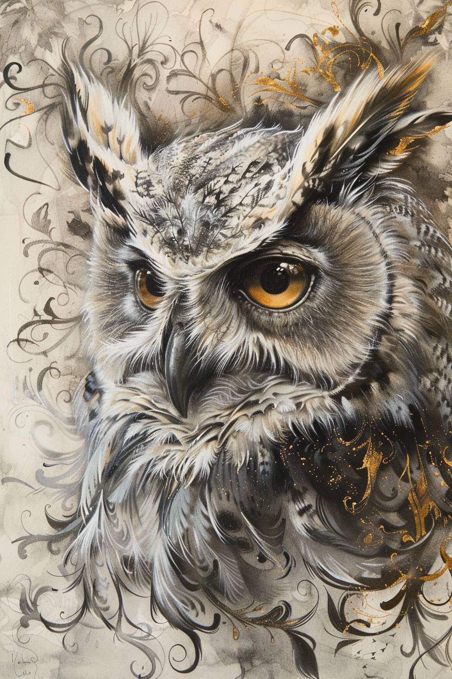 As Johanna Basford's illustration. Portrait of old wise owl --stylize 75 --aspect ratio 2:3 --version 6.0