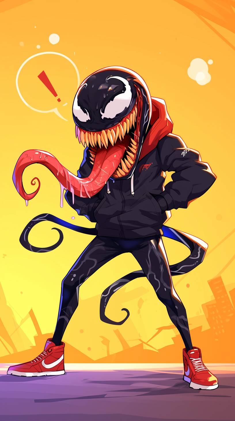 A cartoon of Venom in the style of Kenny Scharf, grotesque caricatures