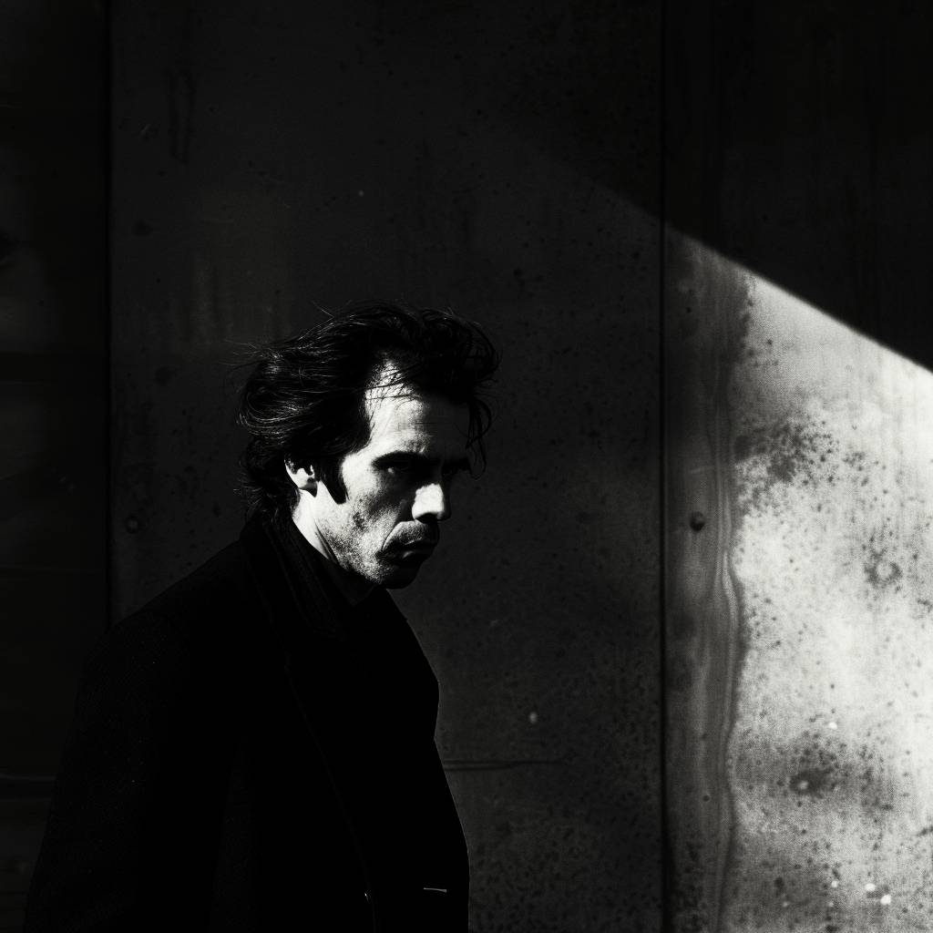 A minimalist composition photograph depicting Nick Cave on a London street.