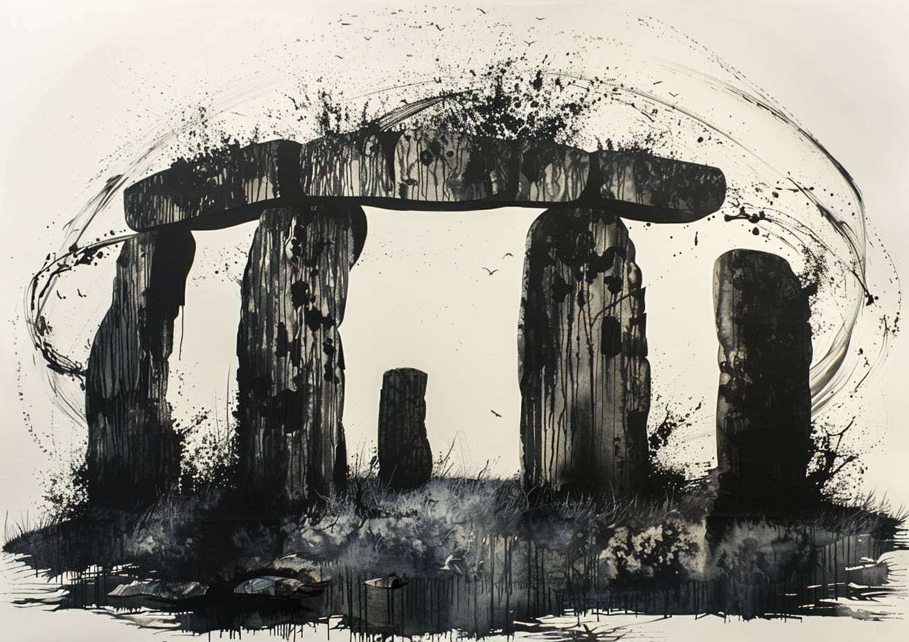 Chinese ink fusion, an intricate paper cutout of a neolithic stone henge in silhouette, made from torn strips of magazine, northern lights unexpected alchemical reaction, wild graffiti swirls, strong visual flow