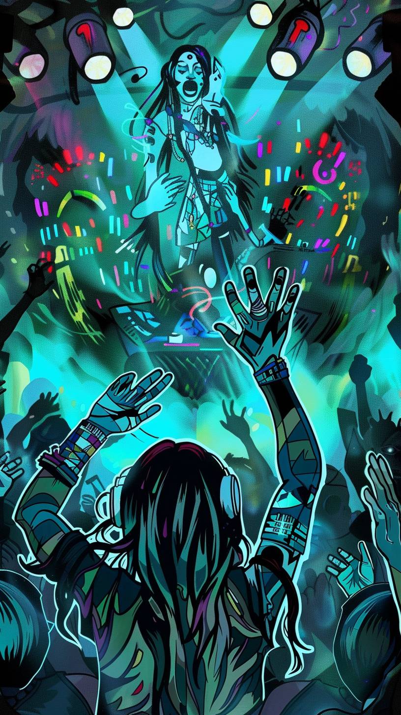 An outdoor concert in a park, with a stage bathed in colorful lights. People are dancing and singing along to the music, creating a festive atmosphere. In the style of a concert poster.