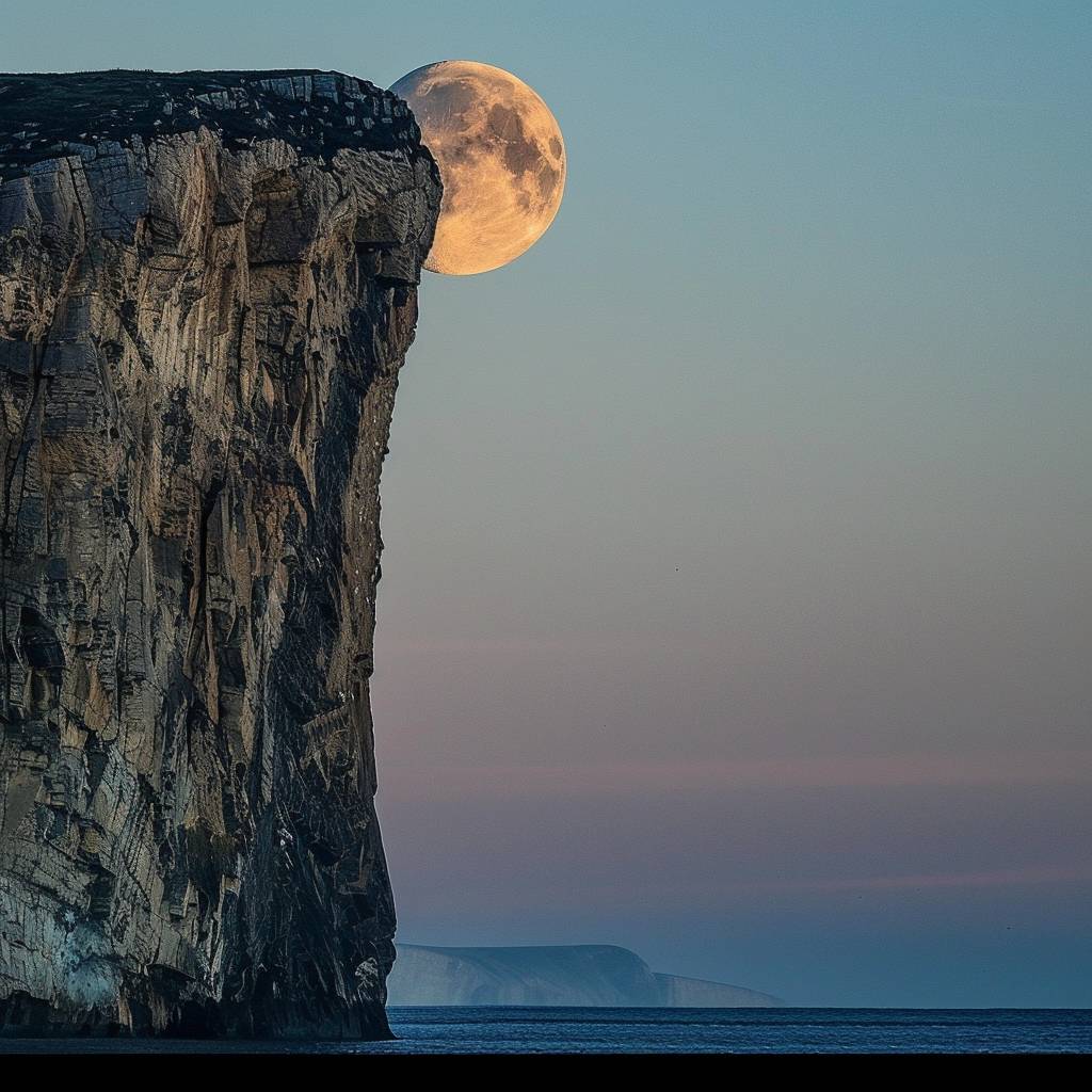 photography, gibbous moon, 200 ISO, f/8, in the style of giant moon, cliffs by sunset::0.5