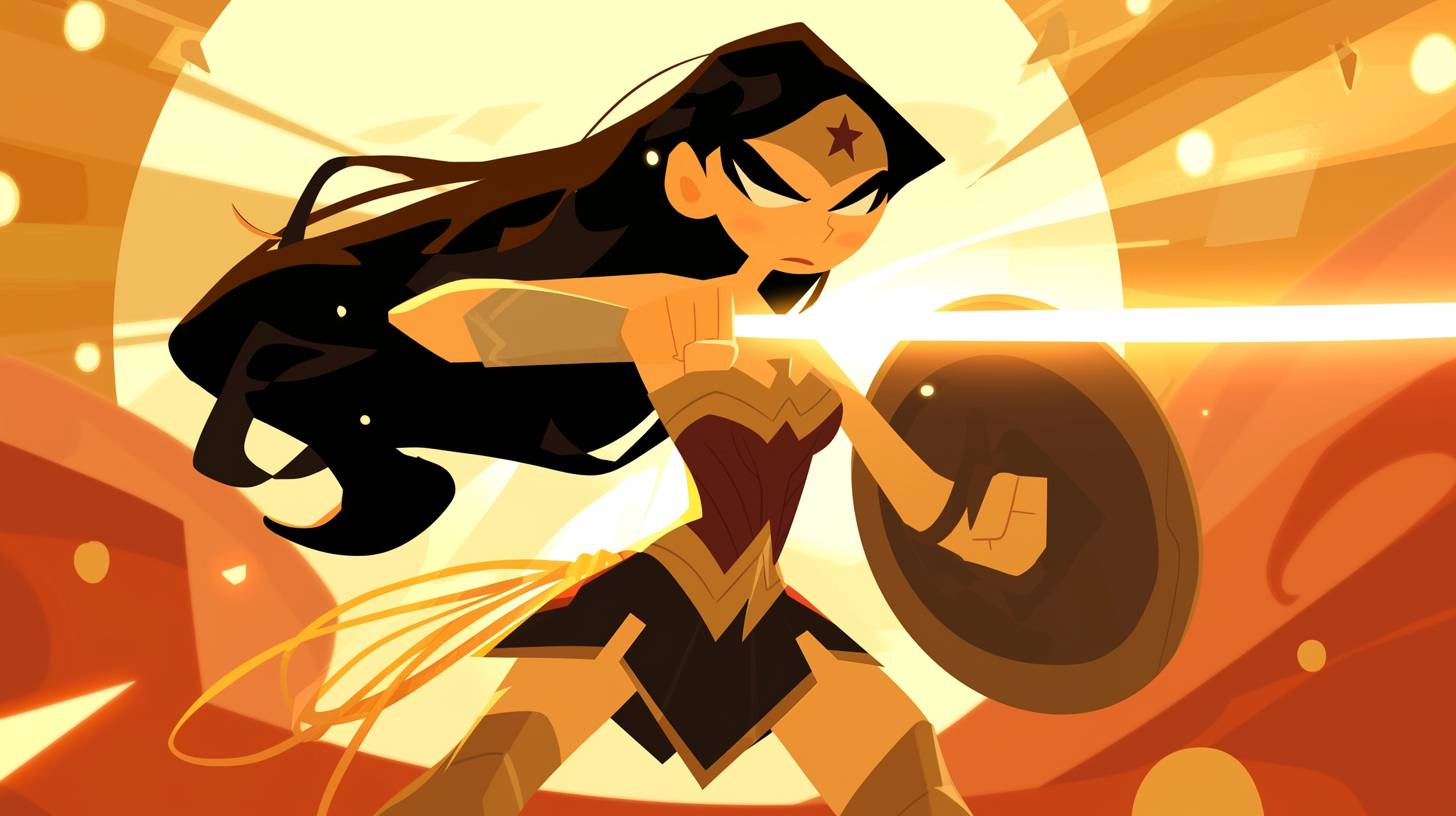 Wonder Woman as a Powerpuff Girl, simple cartoon style, 2D animation