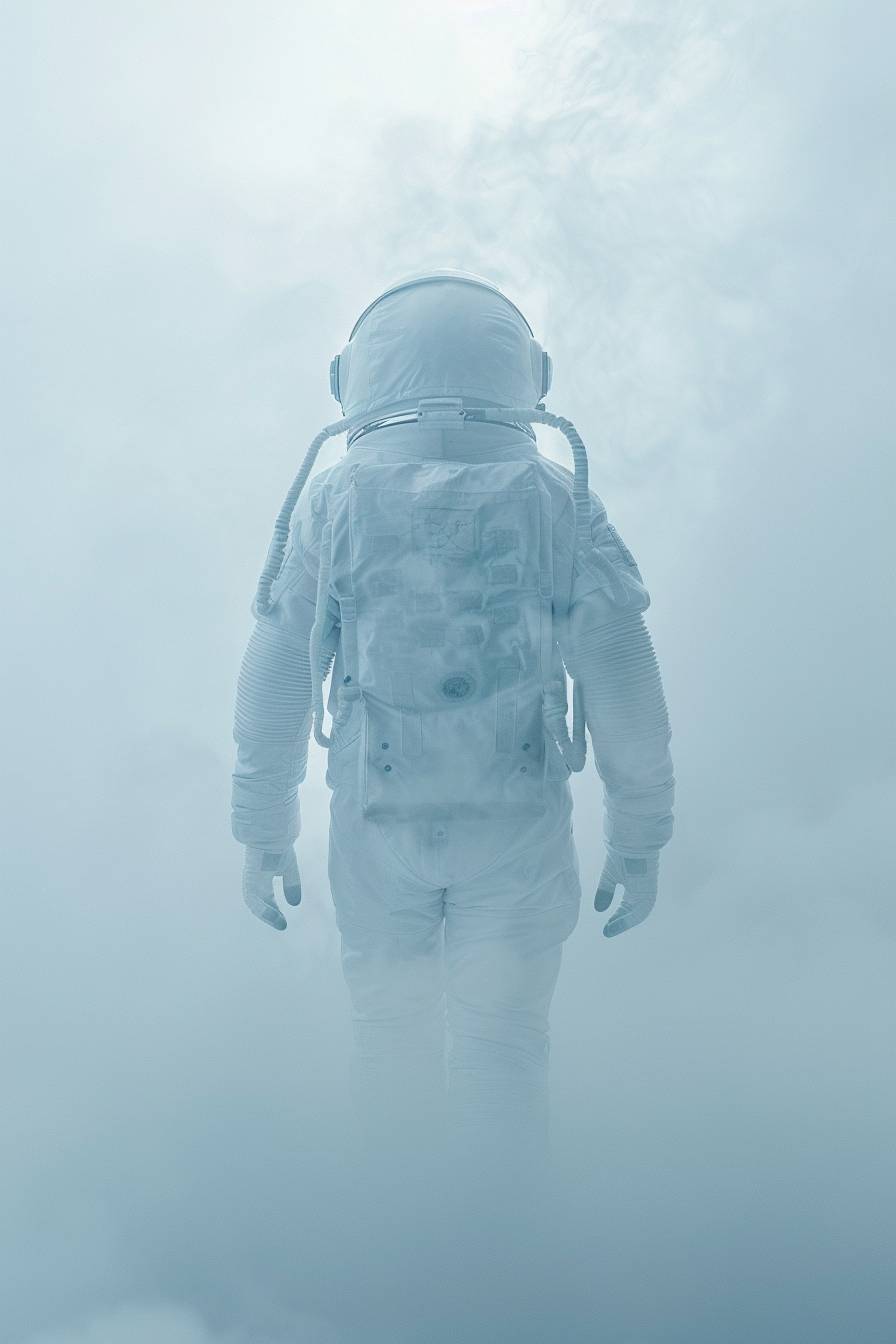 スペーススーツを着た宇宙飛行士が霧の中を歩く背面ビュー、ライトブルーとライトアンバーのスタイルで、シュールなファッション写真、写真インスタレーション、ライトホワイトとゴールド、ミニマリストな静物、印象的なパノラマ