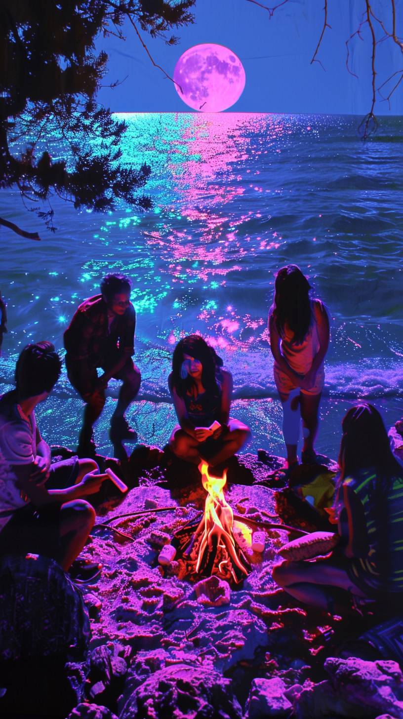 満月の輝くビーチの焚き火の周りで友達が集まっています。 彼らはマシュマロを焼き、笑っています。 ビンテージ写真のスタイルで。