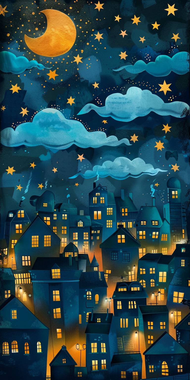 A whimsical cityscape at night, with houses and clouds painted in shades of blue and gold, stars twinkling above like tiny golden gems scattered across the sky. The artwork is made using paper cutouts and collage techniques, creating an enchanting atmosphere that feels both dreamy and magical.