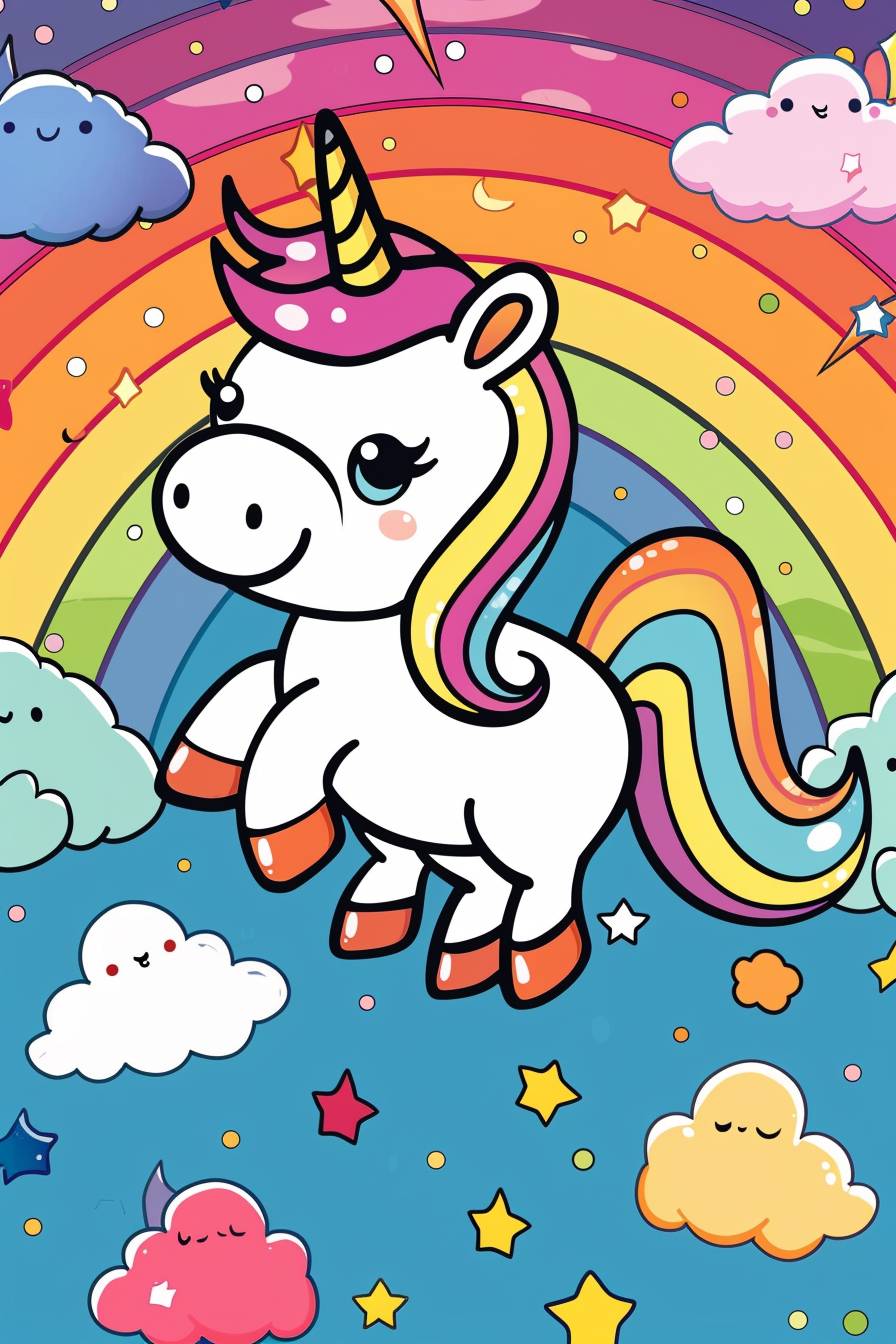 Simple coloring book for kids to color, featuring a little cute unicorn standing on a rainbow surrounded by clouds