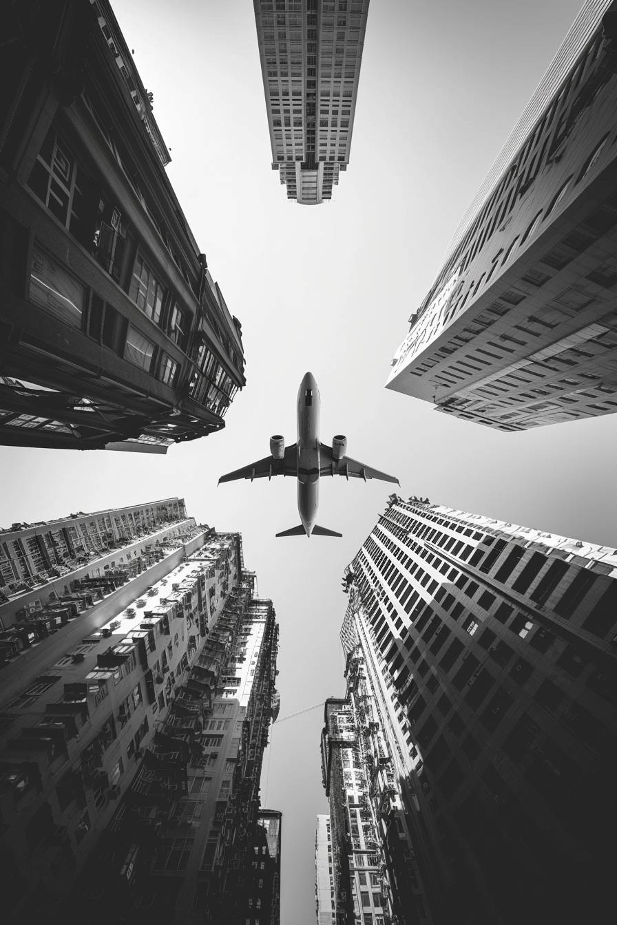 都市の下から見た景色、晴れた空を飛ぶ飛行機、モノクロ写真、ディテールに焦点を当てる