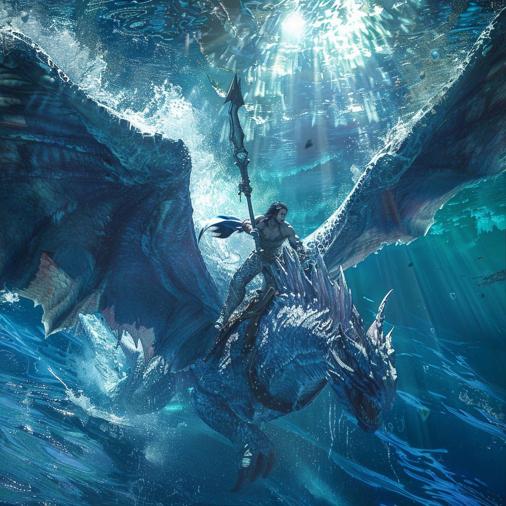 A warrior riding on a giant creature in the water with its wings spread wide, capturing a beautiful scene with a camera positioned just above the water, showing intricate details of the creature’s scales, fins, and wings. Majesty, the hero rides on the creature in the water, digitally enhanced graphics, straight, sharp focus, bright lighting, close-up, cinematic, bronze, azure, blue, ultra-high definition, 18K, sharp focus, bright photo with rich colors, full coverage of a scene, straight view shot –ar 16:9 --v 6.0