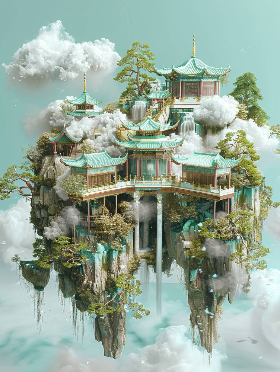 中国風の建築が特徴の浮遊する島の3Dレンダリング。雲や木々も描かれています。色合いはミントグリーン、ホワイト、ゴールドです。中心部には別の小さな世界が見えるオープンスペースがあります。この世界には滝やつる植物でできた吊り橋があります。非現実的な雰囲気を醸し出し、その儚げな美しさを引き立てています。