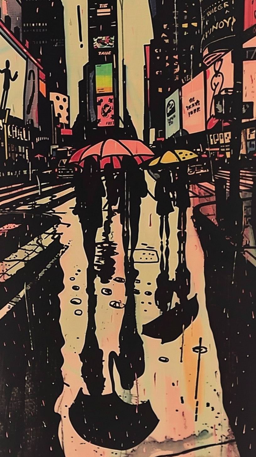 A bustling city street in the rain, with people carrying umbrellas and colorful reflections on the wet pavement. In the style of a street photography.