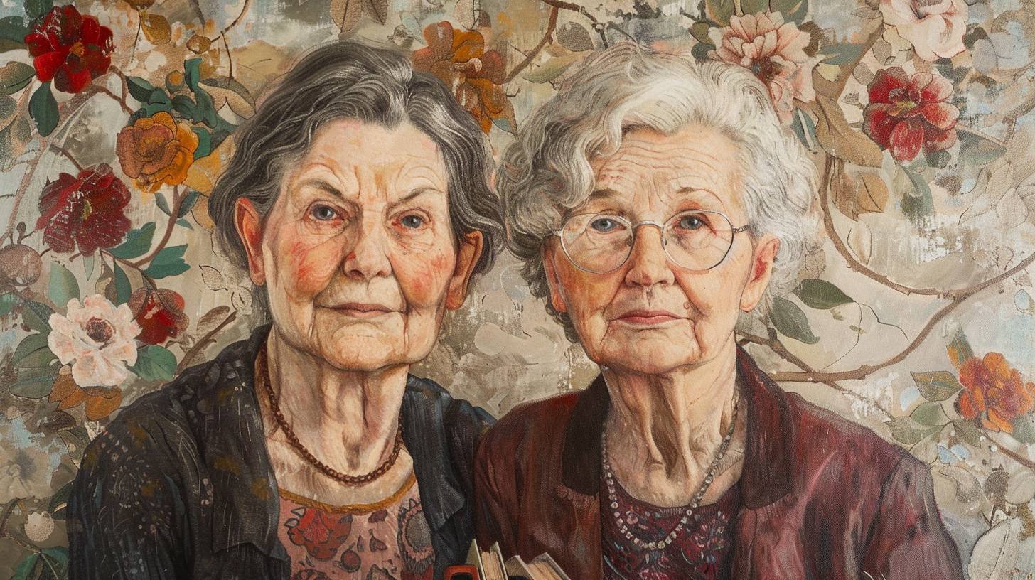An inspirational portrait of a grandmother and mother, highlighting their strength, resilience, and love. Depict them standing side by side, with subtle symbols of their journey and achievements around them, such as books, flowers, and family heirlooms. Use symbolic elements and vibrant colors to convey their enduring spirit, drawing inspiration from the delicate, nurturing style of Berthe Morisot and the bold, vivid colors of Suzanne Valadon to capture their essence.