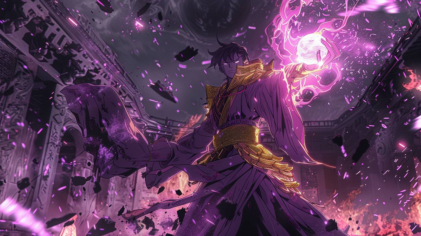 An anime dynamic action scene featuring a powerful mage with glowing white eyes, dressed in ornate purple and gold robes, wielding a staff with a crystal orb, casting a spell in an ancient ruined temple. This scene includes dramatic lighting, high contrast, frontal angle, swirling magical energy, floating debris, and a determined expression. It showcases sakuga animation style, cel shading, dynamic lines, fluid motion, vibrant colors, and highly-detailed imagery.