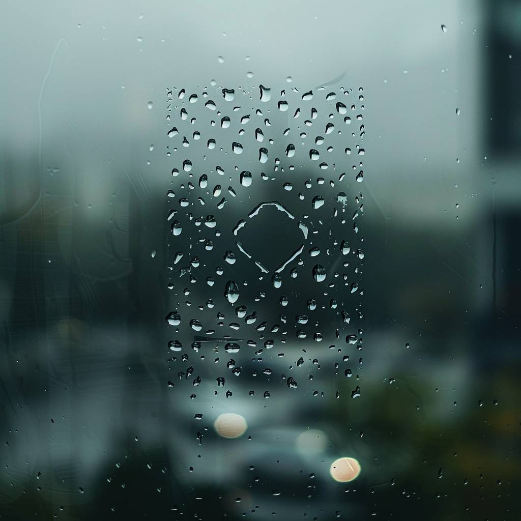 A photorealistic image of a glass window on a rainy, foggy day. The window is covered with water droplets. In the center, [COMPANY] logo shape is drawn in a simple manner. The shape appears as if it is dripping water drops naturally, enhancing the realistic, natural feel of a rainy day. The background behind the glass shows the blurry, rainy scenery, contributing to the overall mood of the image The rainy and foggy background enhances the realistic feel of a rainy day, with the text clearly visible and centrally located on the window.