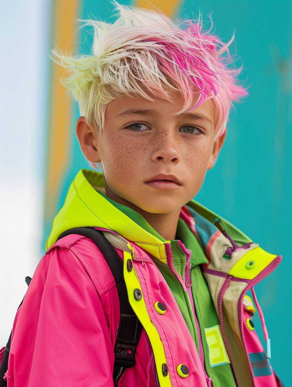 Realistic photo: a 10-year-old white boy in a fun outdoor scene. Neon pink and neon green high fashion color clothes and colored hair.