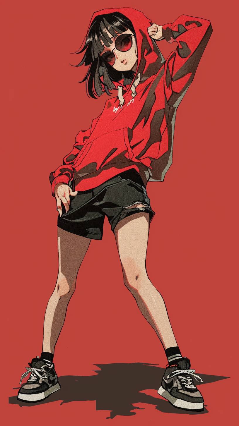 She's doing an over-the-top dance. A girl wearing a red hoodie and black shorts, with short hair and bangs hanging down slightly. She is wearing sunglasses and high-top sneakers on her feet. The background color of the illustration should be light red. In an anime style. A full body shot of the girl in a pose that shows off her legs, in the style of Japanese anime cartoons.