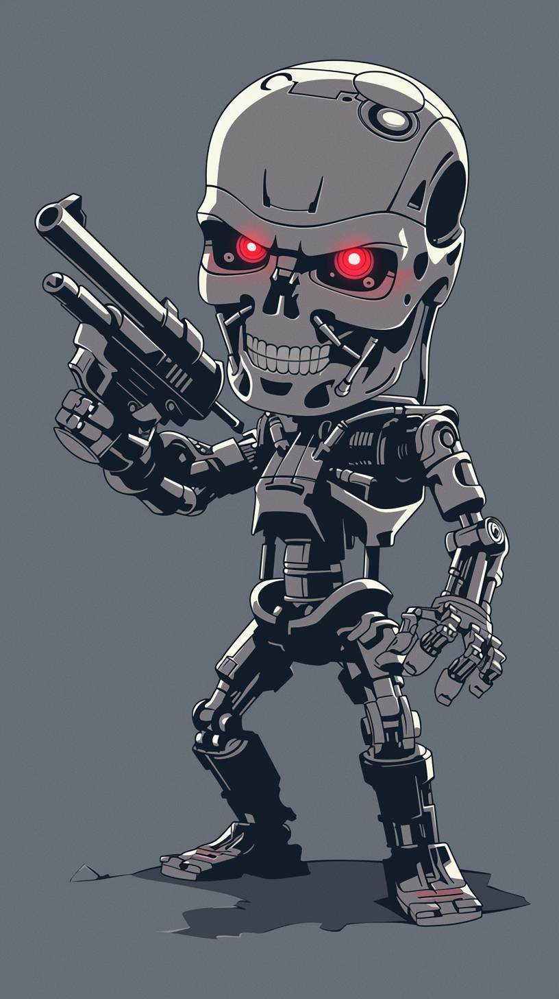 Cute and adorable cartoon design of Terminator, drawn in the style of Skottie Young, clean lines and flat colors, minimal detail, simple background