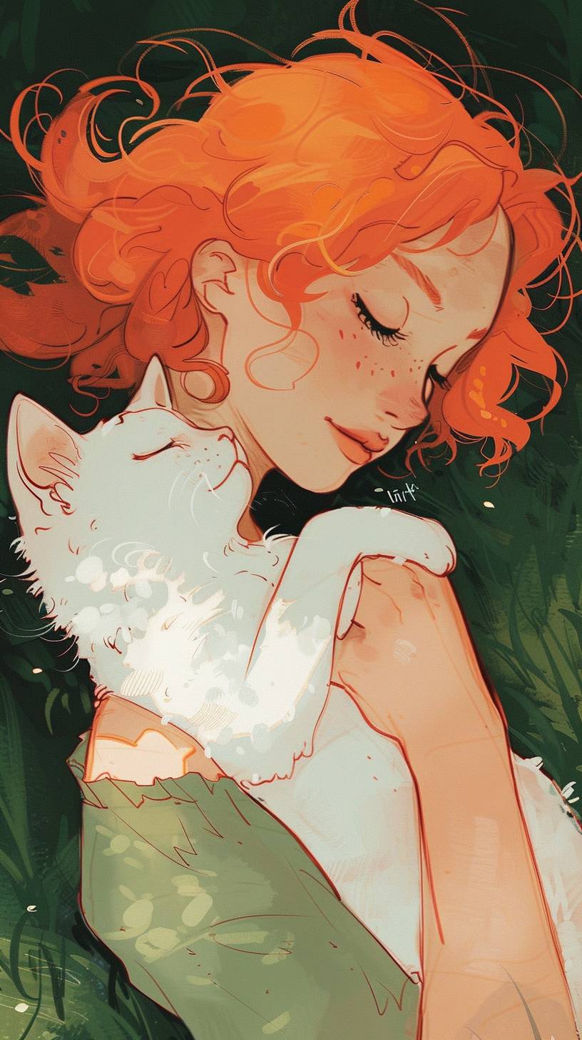 Comic cover, a girl with orange hair holding a white cat, bright colors, detailed illustrations, soft tones, dark green background, cute, colorful, bright colors, comic style, colored lead drawings, simple drawings, children's book illustrations, anime art, high-resolution comic style.