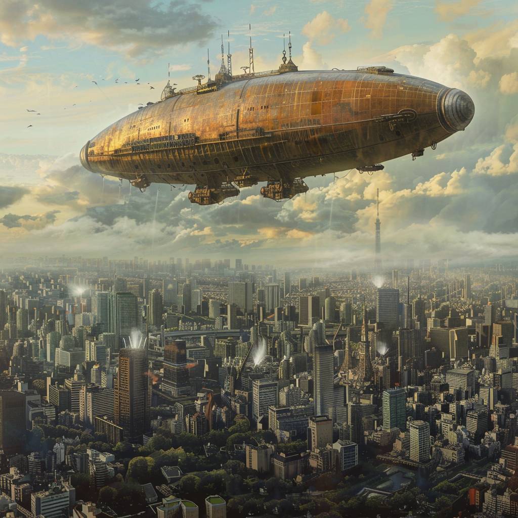 Steampunk zeppelin over Tokyo. Colossal scale