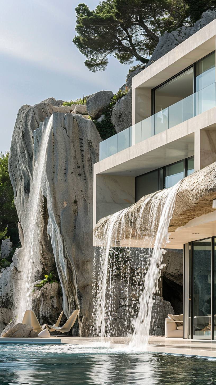 This image focuses on the exterior view of a living room of a villa in Provence, facing the sea on the cliff, made of limestone regular block shapes, with sliding windows and timber screens, designed by Zaha Hadid, featuring rocky textures and forms, constructed of regular giant rock blocks stacked together with an infinity edge pool in front, blending in with the surrounding nature. Regular rock blocks. Giant rock blocks shaping the space. The image captures the infinity edge profile of the pool and the flowing water creating a waterfall effect. Adriatic Sea. The design is sustainable and semi-prefabricated. The photo was taken with a Canon 5D Mark 4.