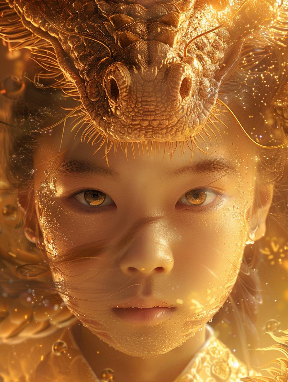 A Chinese little girl with a dragon behind her, golden background, emphasizing majestic and fantastical elements, rich and vibrant colors, dragon rendered with intricate scales and fiery eyes, girl portrayed with awe and wonder, studio lighting highlighting the gold hues, cinematic style, ultra-high definition